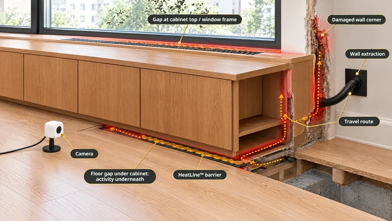 HeatLine capsaicin barrier laid along a cabinet toe-kick and vent grille