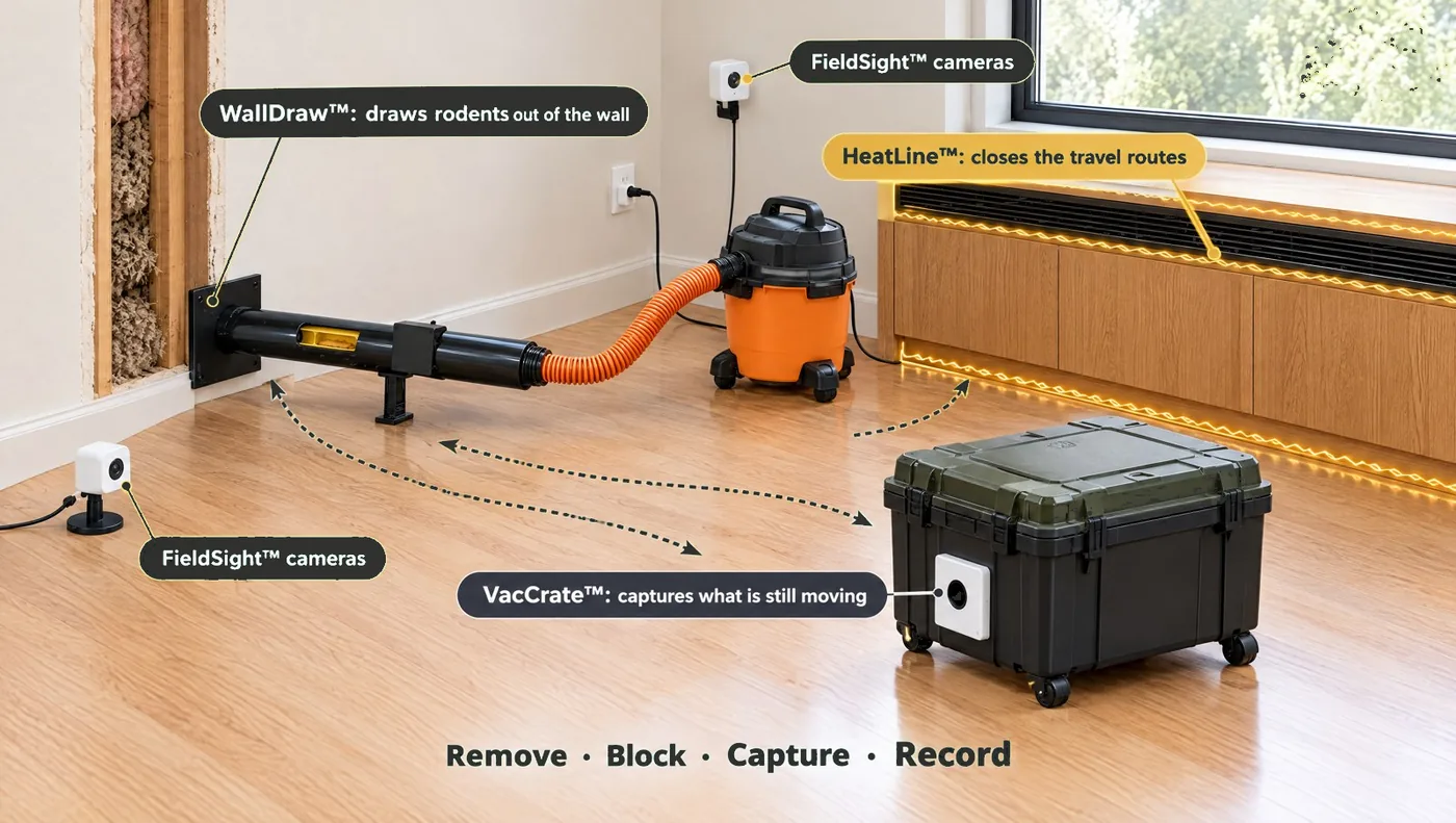 System diagram: WallDraw at the wall plate, HeatLine along the routes, VacCrate in the room, FieldSight cameras recording — remove, block, capture, record